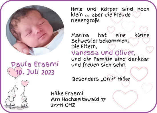 Babyanzeige von Paula Erasmi von Osterholzer Kreisblatt