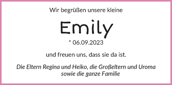 Babyanzeige von Emily  von Die Norddeutsche
