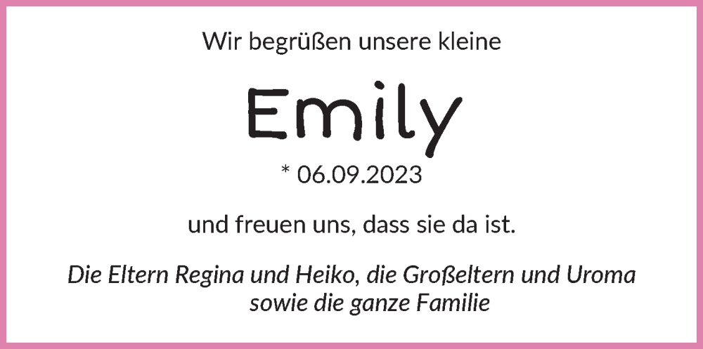Anzeige für Emily  vom 16.09.2023 aus Die Norddeutsche