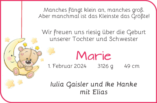 Babyanzeige von Marie  von Osterholzer Kreisblatt