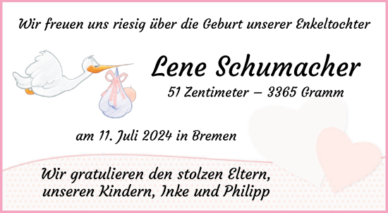 Babyanzeige von Lene Schumacher von WESER-KURIER