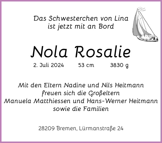 Babyanzeige von Nola Rosalie Heitmann von WESER-KURIER