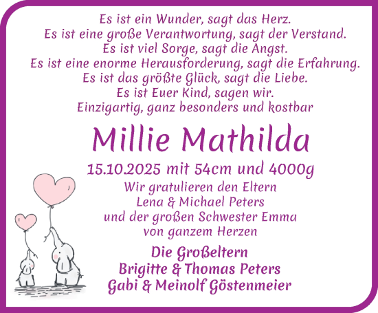 Babyanzeige von Millie Mathilda  von WESER-KURIER