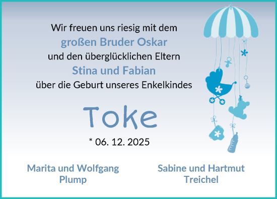 Babyanzeige von Toke Plump von Osterholzer Kreisblatt