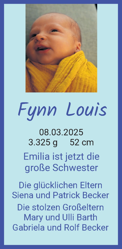 Babyanzeige von Fynn Louis Becker von Regionale Rundschau/Syker Kurier