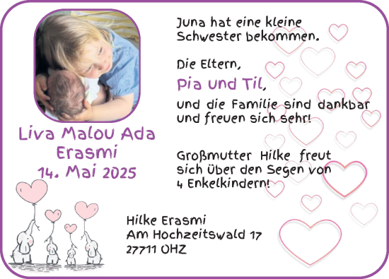 Babyanzeige von Liva Malou Ada Erasmi von Osterholzer Kreisblatt
