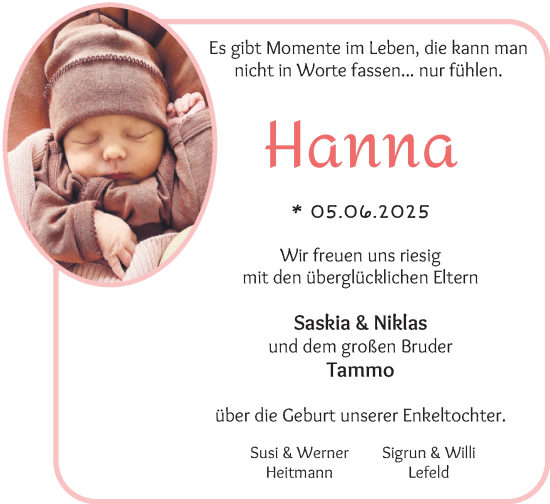 Babyanzeige von Hanna  von Wuemme Zeitung