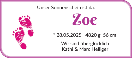 Babyanzeige von Zoe Helliger von WESER-KURIER