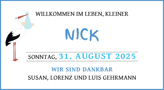 Babyanzeige von Nick Gehrmann von Osterholzer Kreisblatt