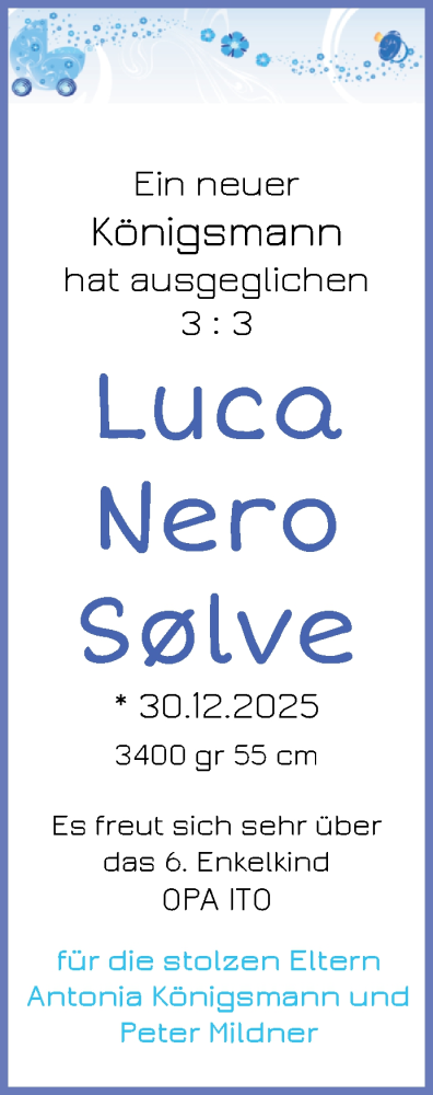 Babyanzeige von Luca Nero Solve Königsmann von Achimer Kurier/Verdener Nachrichten