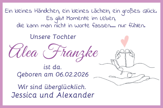 Babyanzeige von Alea Franzke von Wuemme Zeitung