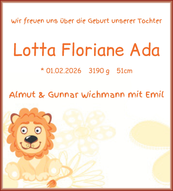 Babyanzeige von Lotta Floriane Ada Wichmann von WESER-KURIER